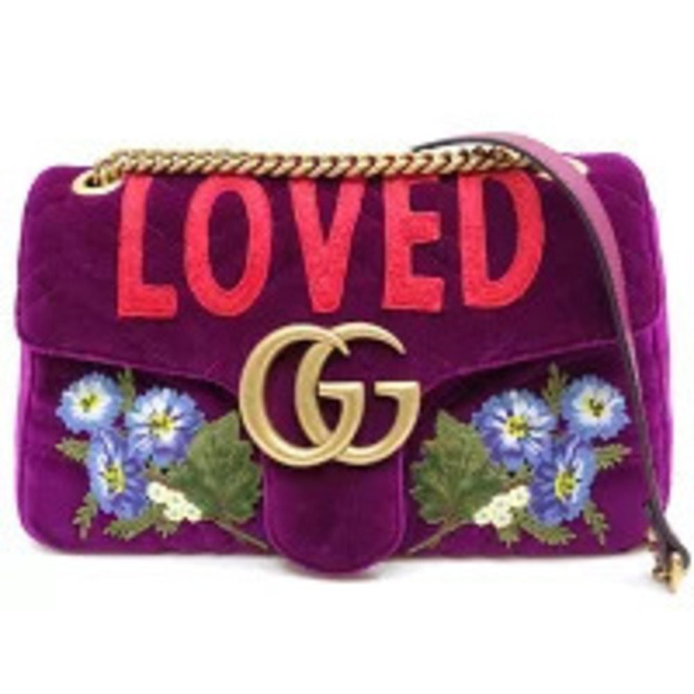 Gucci GG Marmont Velvet Bag Velour Embroidered Shoulder Bag Purple